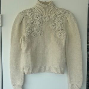 Ulla Johnson Cream Cowl Turtleneck Sweater with Floral Embellishments